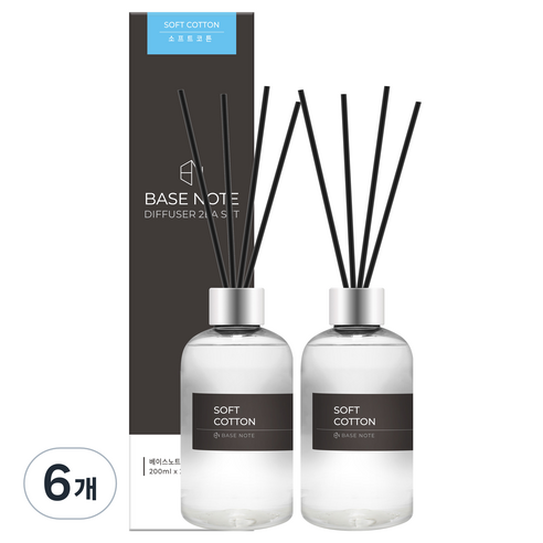 베이스노트 홈 디퓨저, 소프트코튼, 200ml, 6개