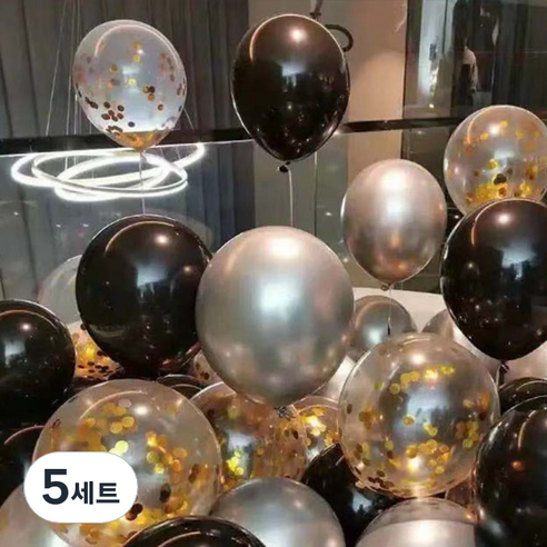 뷰라뷰 파티풍선 50p + 공기펌프 + 10m 리본 세트, 04 실버 + 블랙 + 골드스팽글(랜덤발송), 5세트
