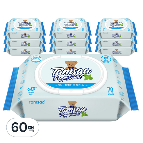 탐사 페퍼민트 물티슈 캡형, 70매, 60팩