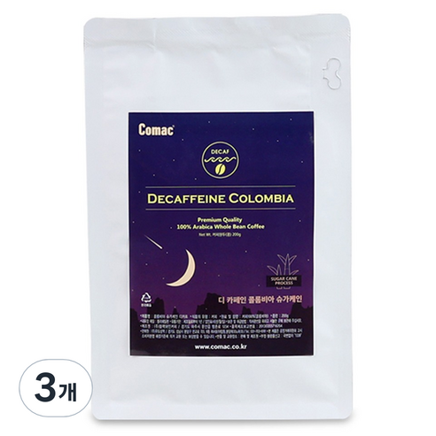코맥 디카페인 콜롬비아 슈가케인 원두커피 C8, 200g, 3개, 홀빈(분쇄안함)