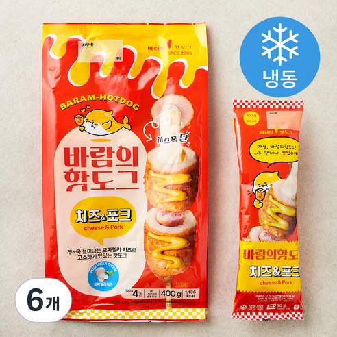 바람의핫도그 치즈 & 포크 (냉동), 100g, 4개입, 6개