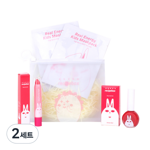 레시피박스 어린이 여행용 심플 메이크업 세트, 휴대용 파우치 + 어린이 마스크팩 2p + 립크레용 + 매니큐어 글로시펄 레드, 2세트