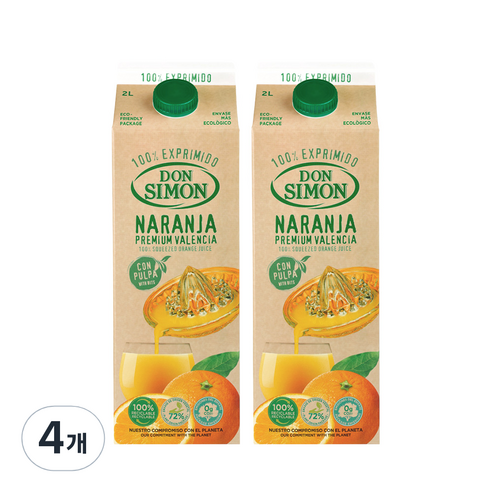 돈시몬 생과일 착즙 오렌지주스, 2L, 4개
