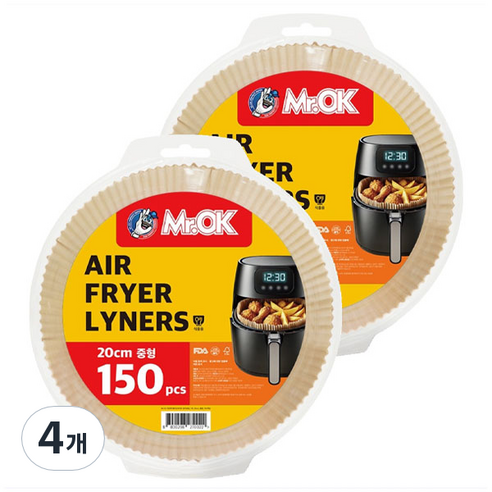 Mr.ok 에어프라이어 종이호일, 4개, 150개입, 20cm