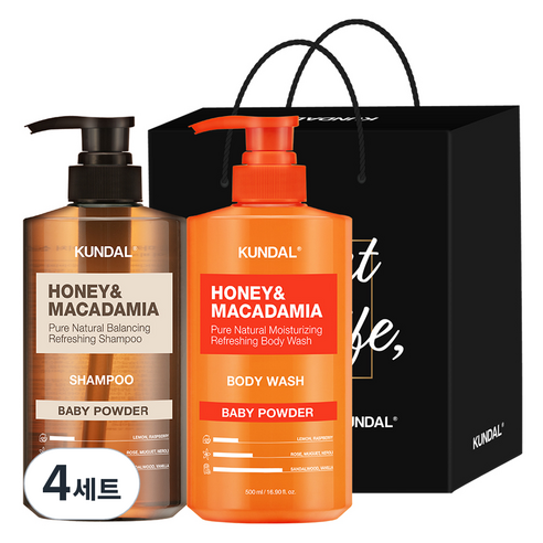 쿤달 샴푸 500ml + 바디워시 500ml 2구 선물세트 E 베이비파우더 + 쇼핑백 블랙, 4세트