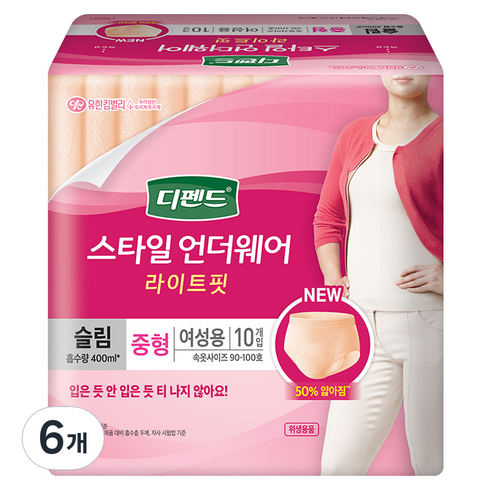 디펜드 여성용 스타일 언더웨어 슬림 성인기저귀 중형, 10개입, 6개