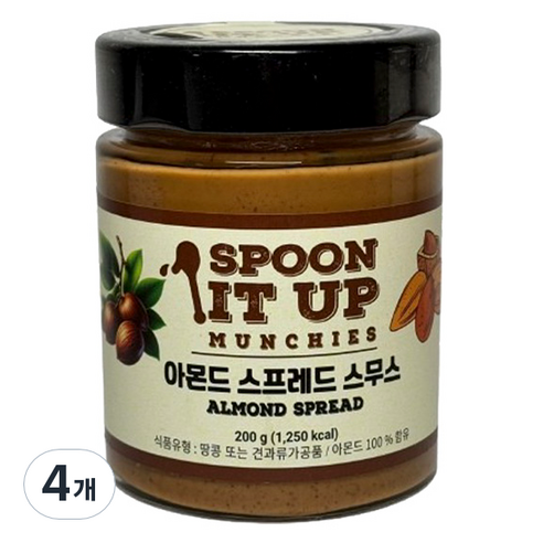 스푼잇업 아몬드 스프레드 버터 스무스, 4개, 200g