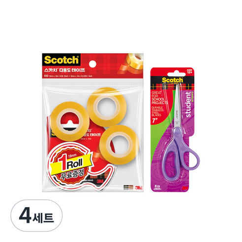 스카치 다용도 테이프 581 + 550 리필 3p 18mm x 30m + 학생용 가위 17.8cm, 랜덤발송, 4세트