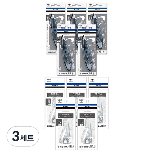 톰보우 모노에어 펜타입 수정테이프 5mm 5p + 리필 5p, 블랙, 3세트