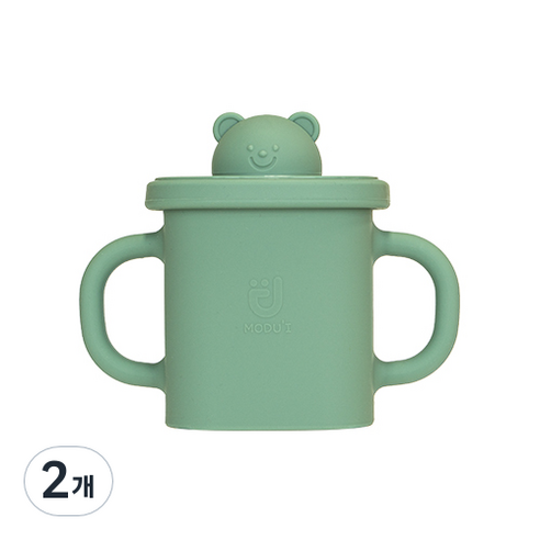 모두아이 실리콘 곰돌이 사각 스파우트컵 350ml, 민트, 2개