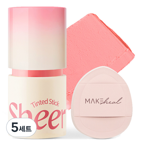 메이크힐 틴티드 쉬어 스틱 블러셔 6g + 핑거퍼프 세트, 03 쉬어 핑크 프롤리, 5개