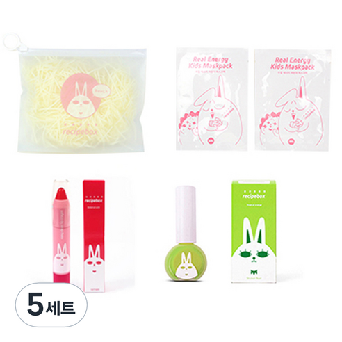 레시피박스 어린이 여행용 심플 메이크업 세트, 휴대용 파우치 + 어린이 마스크팩 2p + 립크레용 + 매니큐어 프레쉬 그린, 5세트