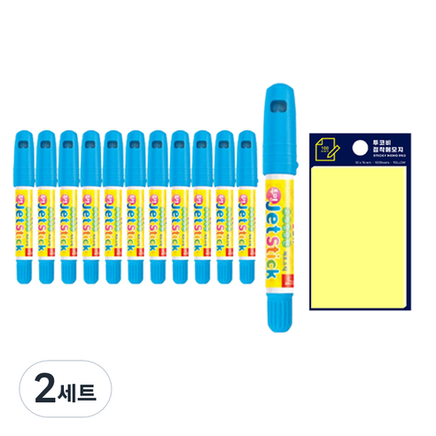 동아 고체형광펜 제트스틱 12p + 투코비 스티키 메모패드 세트, 하늘(제트스틱), 노랑(포스트인), 2세트