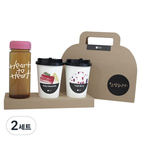 1AM 쥬뗌므 프리미엄 크라프트 Heart to H 보틀 블랜딩차세트 분홍뚜껑, 패키지 + 티백세트(테이크아웃잔 2p + 루비 캐모마일 3p + 트리플 베리 3p) + Heart to H 보틀 스티커 + 트라이탄 보틀 + 고맙습니다 패키지 스티커, 2세트