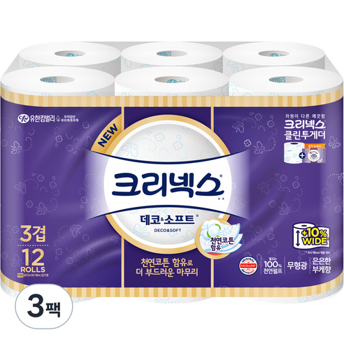 크리넥스 천연펄프 데코 앤 소프트 롤화장지 35m, 12롤, 3팩