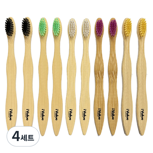 아이벨류 대나무 유아 칫솔, 옐로우, 퍼플, 화이트, 그린, 블랙, 4세트