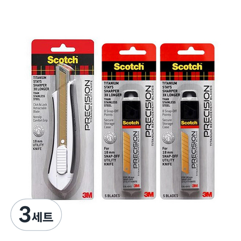 쓰리엠 스카치 티타늄 커터 18mm TI-KL + 티타늄 커터 리필 18mm TI-KL 10p 세트, 혼합색상, 3세트