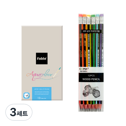 동아 연필 파블 수채 색연필 12색 + 투코비 코마 삼각지우개연필 SG-208 12p, 3세트