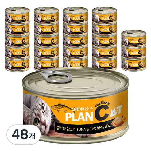 바이캣 플랜씨 그레이비소스 프리미엄 고양이 캔간식, 참치+닭고기 혼합맛, 80g, 48개
