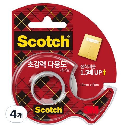 스카치 초강력 다용도 테이프 디스펜서 12mm x 20m, 투명, 4개