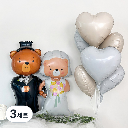 파티아일랜드 곰돌이 신랑 신부 하트 호일 풍선 세트, 크림(하트풍선), 화이트(하트풍선), 3세트