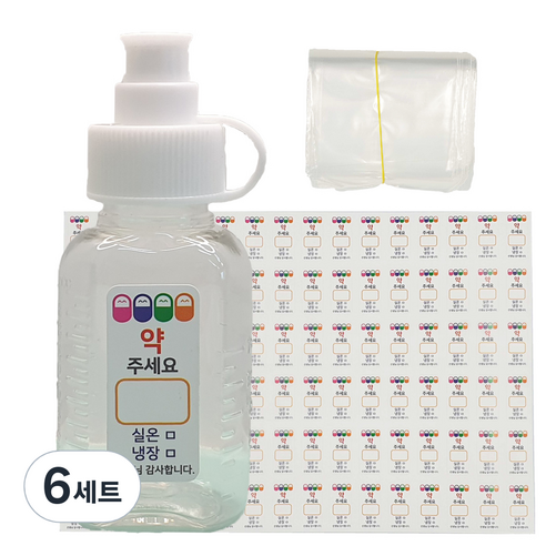 신도공업 일회용 안전뚜껑 약병 PET 딱딱이 20cc + 스티커 96p + 지퍼백 100p 세트, 6세트