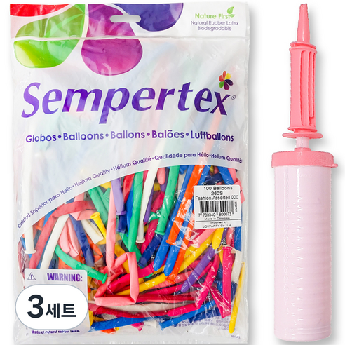 조이파티 셈퍼텍스 요술풍선 260S 100p + 손펌프 세트, 혼합색상(풍선), 마카롱핑크(손펌프), 3세트