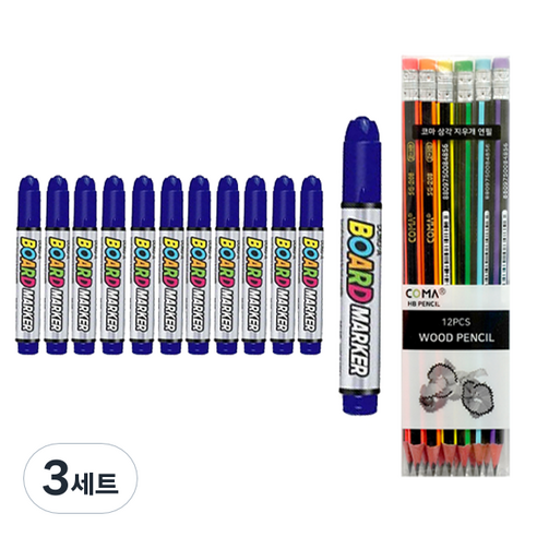동아 보드마카 12p + 투코비 삼각 지우개 연필 SG-208 12p 세트, 청색(보드마카), 혼합색상(지우개연필), 3세트