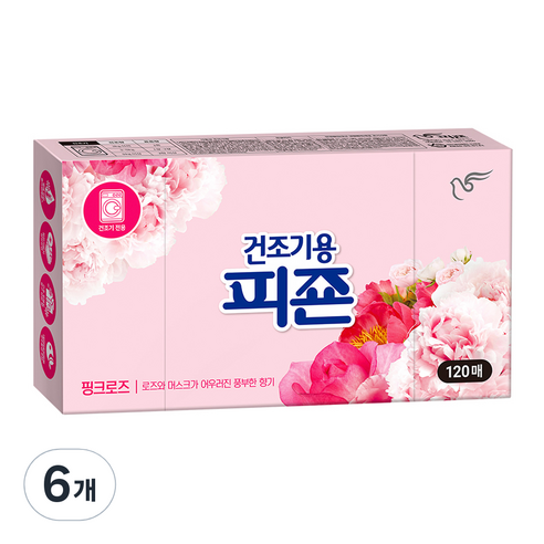 피죤 건조기용 오리지널 시트 섬유유연제 핑크로즈 본품, 6개