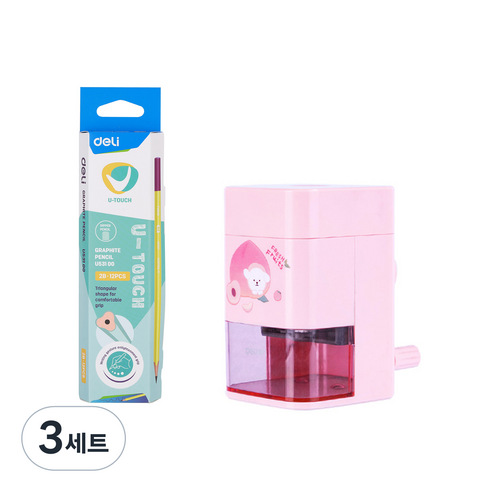 델리 학생용 2B 연필 + 오토피드 수직 후르츠 연필깎이 세트, 연필(블루 + 핑크, 핑크 + 옐로우, 옐로우 + 퍼플), 연필깎이(핑크), 3세트