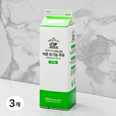 바른우유연구소 바른 유기가공식품인증 우유 저지방, 900ml, 3개