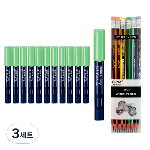 동아 제트스틱2 타원형 12p + 투코비 삼각 지우개 연필 SG-208 12p 세트, 연두(제트스틱), 혼합색상(지우개연필), 3세트