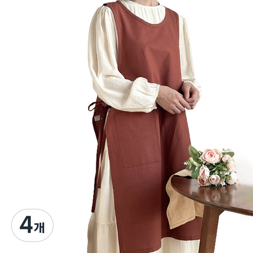 헬로젬 린넨 사이드 트임 롱 앞치마, 적갈색, 4개