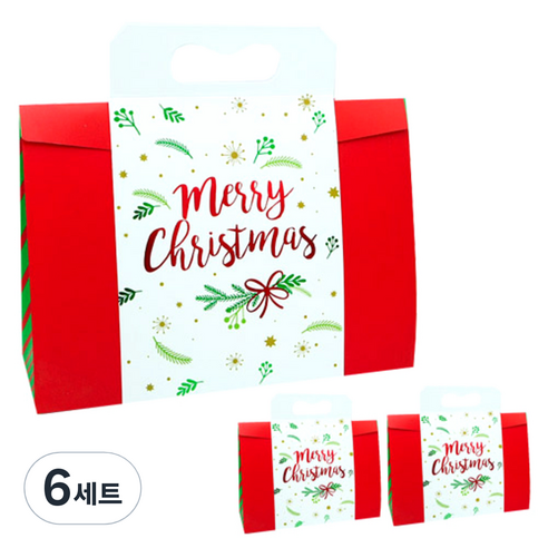 도나앤데코 크리스마스 선물 포장상자 3p + 종이핸들 3p 세트, 레드베이스, 6세트