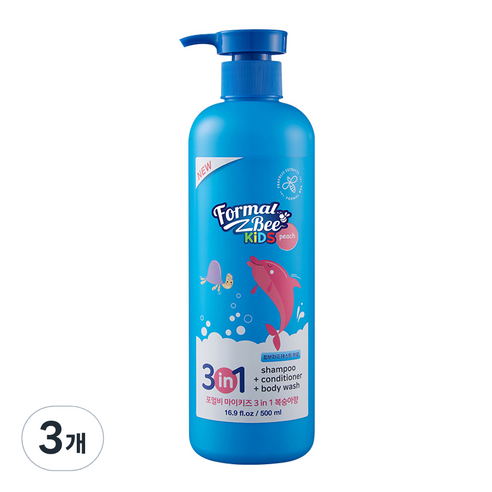 포멀비키즈 3in1 유아 올인원 샴푸 + 컨디셔너 + 바디워시 복숭아향, 500ml, 3개