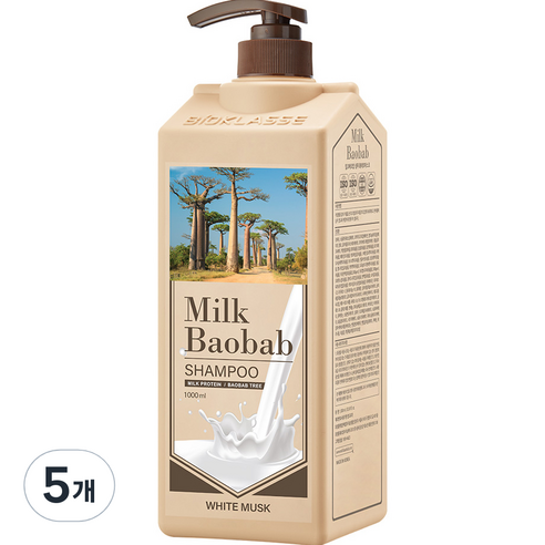 밀크바오밥 대용량 우유단백질 손상모 샴푸 화이트머스크향, 1000ml, 5개