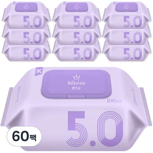 베베앙 K 5.0 저자극 엠보싱 아기물티슈 캡형, 100매, 60팩