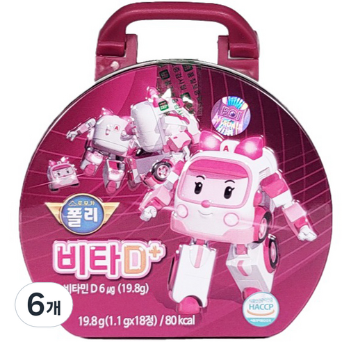로보카폴리 유아용 비타D플러스 철캔 가방 복숭아맛 엠버 19.8g, 18정, 6개