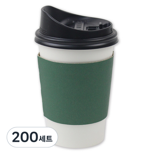 아이엔피 종이컵 화이트 무지 380ml + 롱개폐 뚜껑 + 홀더 그린 세트, 200세트
