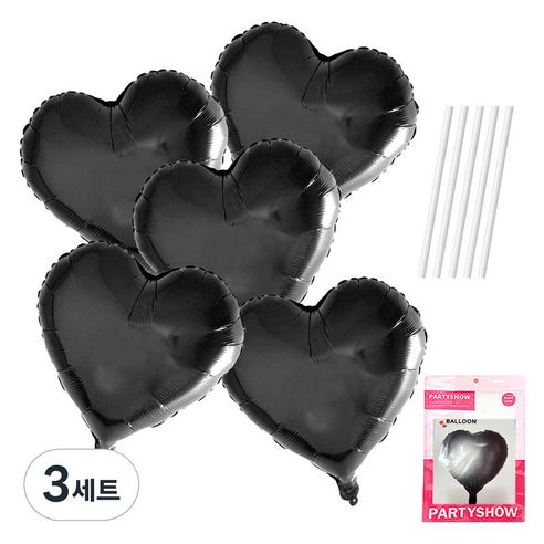 파티쇼 하트 은박 풍선 45cm 5p + 빨대 5p 세트, 블랙(풍선), 3세트