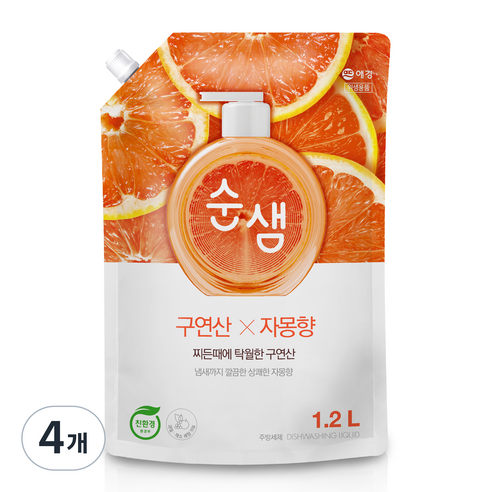 순샘 구연산 자몽 주방세제 리필, 1.2L, 4개