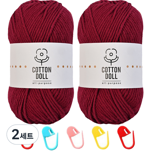 니뜨 코튼돌실 50g x 2p + 단수링 5p 세트, 18 와인(뜨개실), 랜덤발송(단수링), 2세트