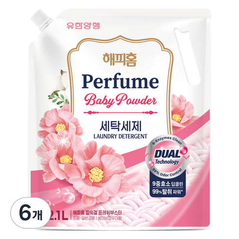 해피홈 파워겔 프레쉬부스트 베이비파우더향 세탁세제 리필, 2.1L, 6개