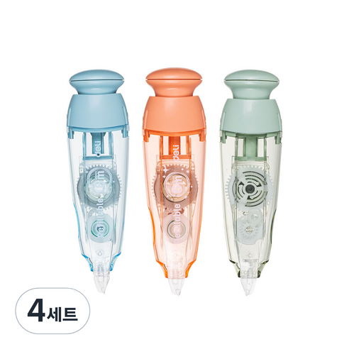 델리 노크식 수정테이프 본체 3종 + 리필 3종 세트, 핑크, 블루, 그린, 4세트