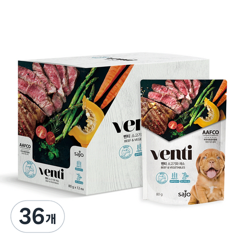벤티 파우치 강아지 습식 간식, 소고기 + 채소 혼합맛, 80g, 36개