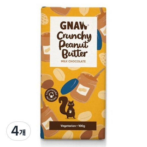 GNAW 밀크 초콜릿 크런치 땅콩 버터 바, 100g, 4개