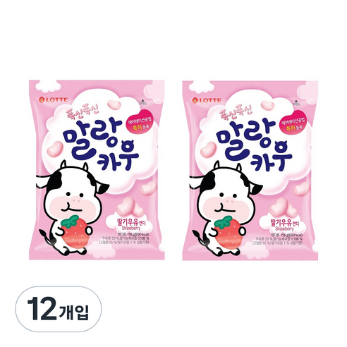 롯데제과 폭신폭신 말랑카우 딸기우유 츄잉캔디, 158g, 12개입