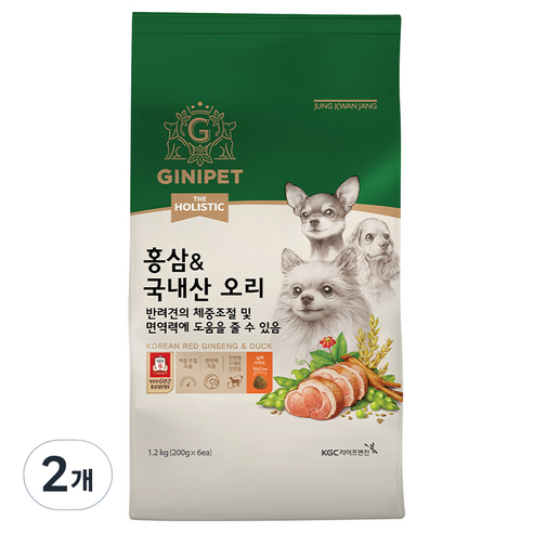 지니펫 강아지 전연령 더홀리스틱 홍삼 & 오리 건식사료, 면역력 강화, 1.2kg, 2개
