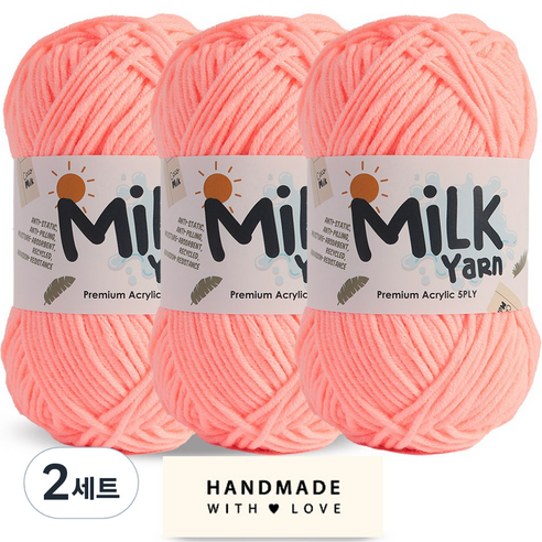 니뜨 밀크얀 뜨개실 50g x 3p + 코튼라벨 세트, 03네온코랄, 2세트