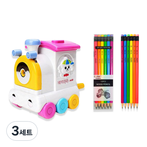 티티 티티 폭폭 연필깎이 KI-800 + 투코비 코마 삼각 지우개 연필 TC-208 6종 x 2p 세트, 옐로우(연필깎이), 3세트